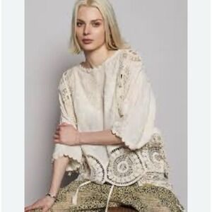 POL Lace Crochet Top Women's One  Size Ivory Boho Fringe Blouse Festival Peasant